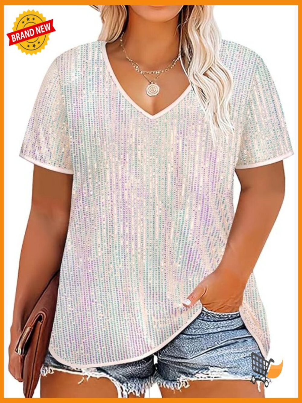 Plus Size Sequin Top V Neck Short Sleeve Party Blouse Glitter Shirt Women XL-5XL